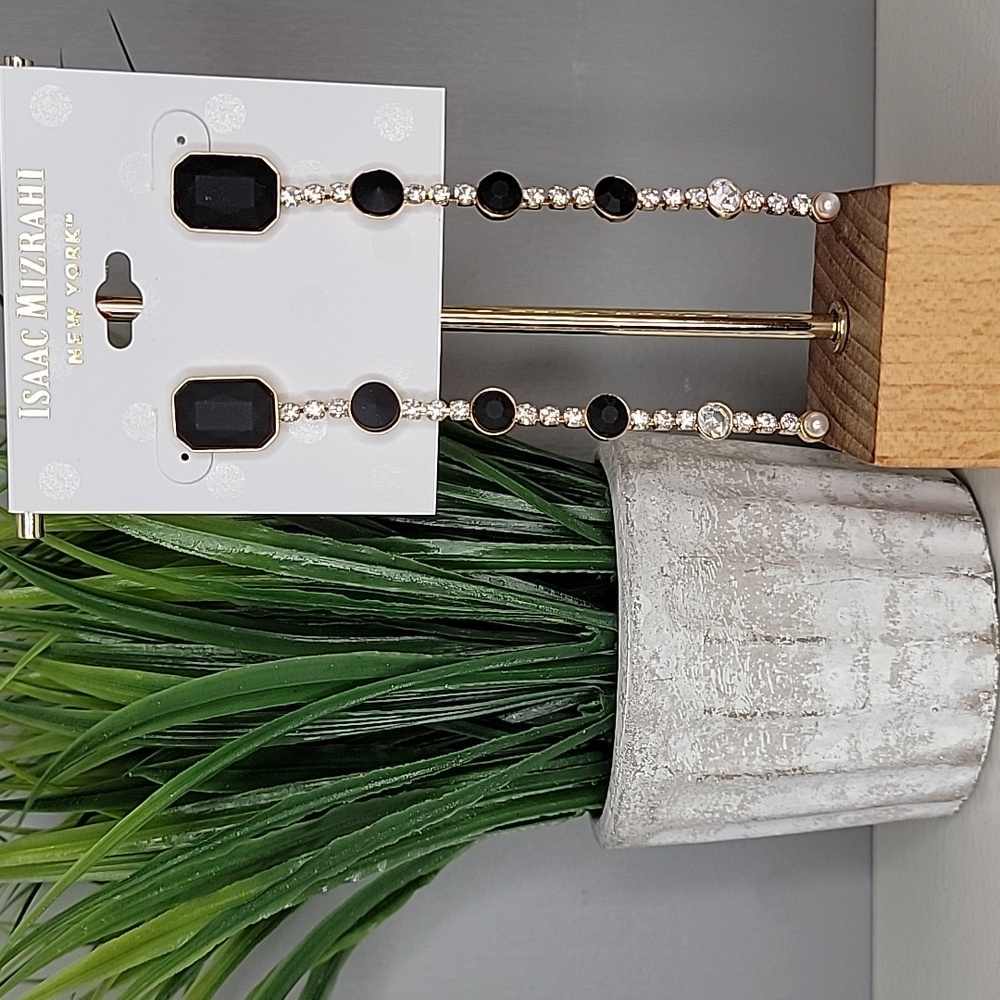 Isaac Mizrahi Black Gold Rhinestone Dangle Long Earrings